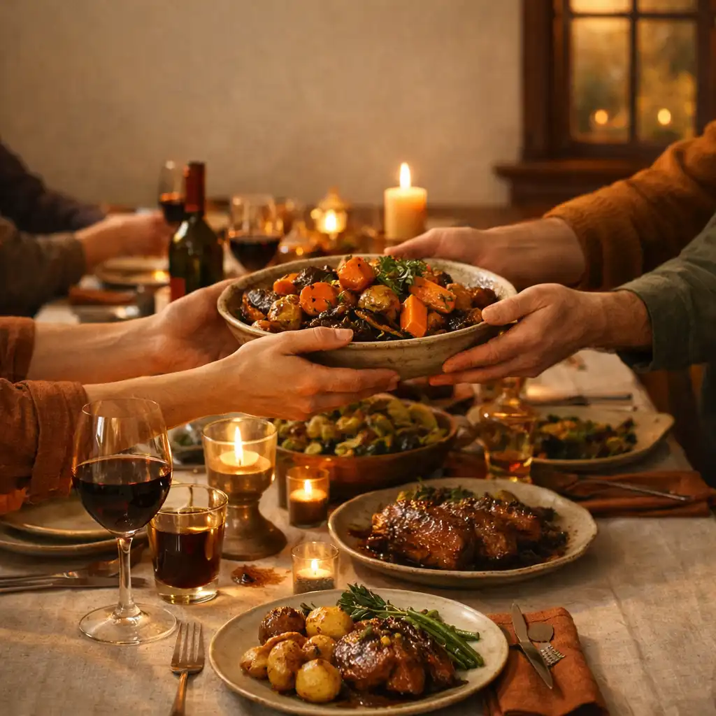 Hands passing a serving dish across a linen-covered private group dinner table