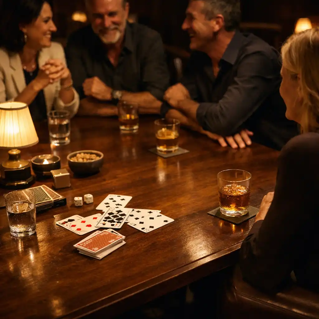 Guests gathered around a polished timber card lounge table after dinner