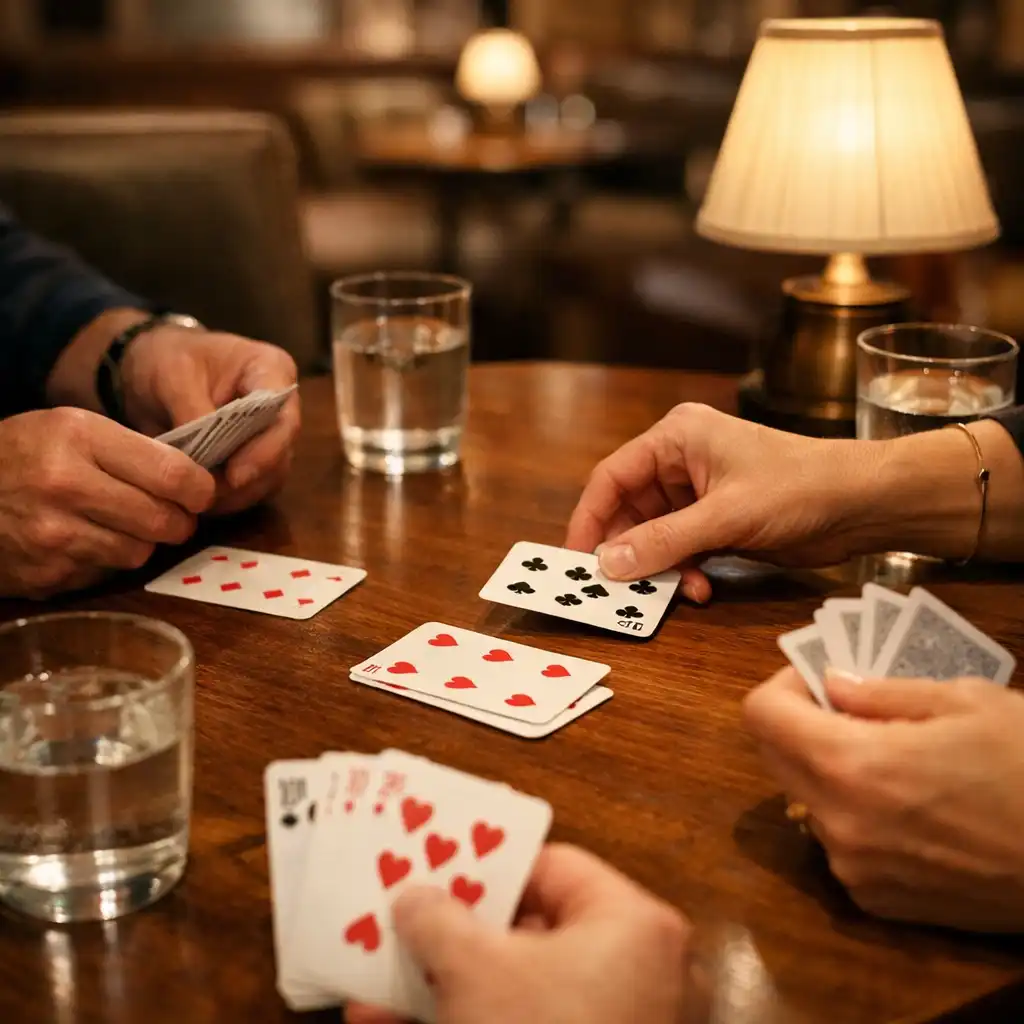 Adult hands arranging playing cards at a warmly lit timber table