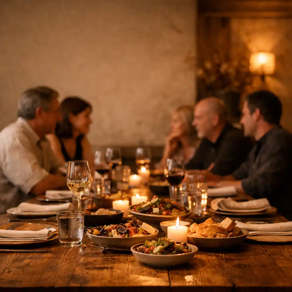 A long timber table set for a refined private group dinner in a warmly lit restaurant