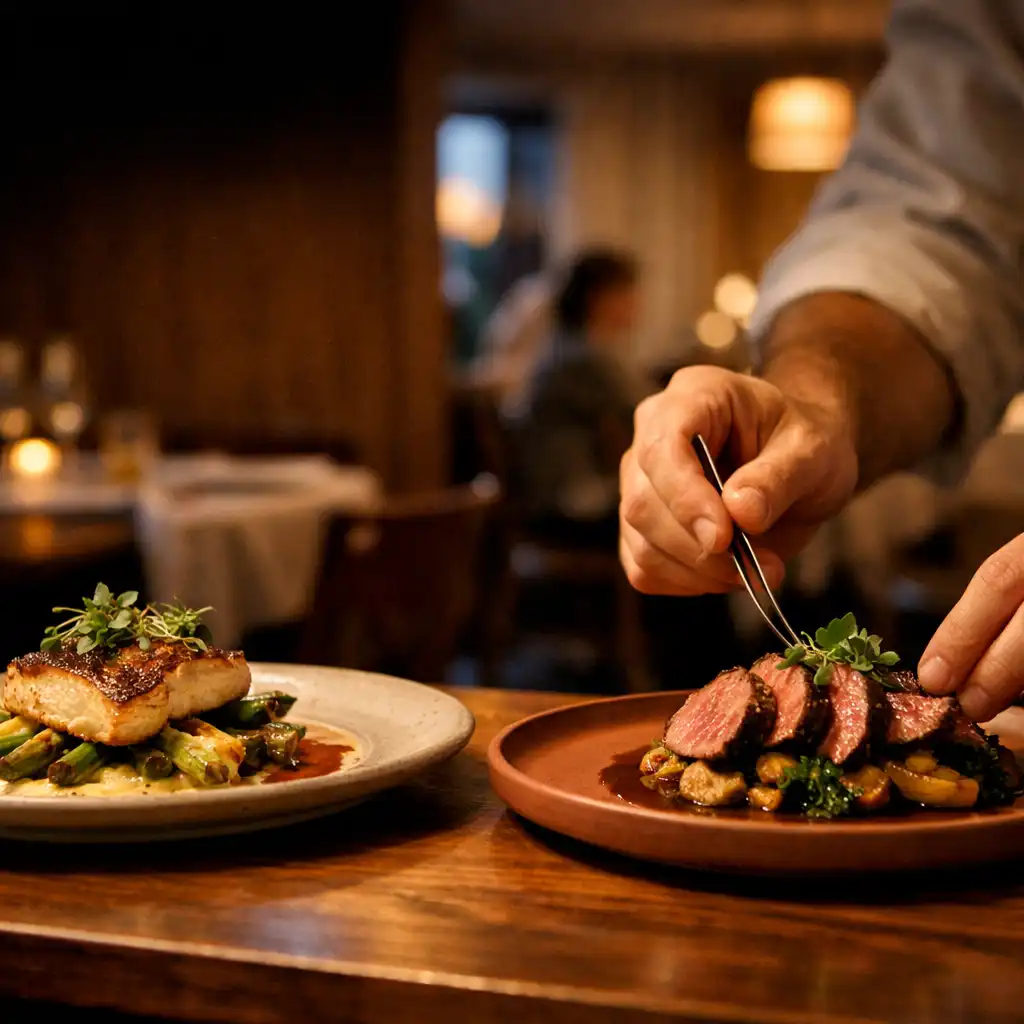 Chef’s hands finishing seasonal dishes on a warmly lit restaurant pass