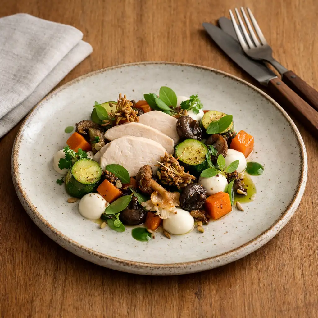 A composed seasonal dish on a ceramic plate